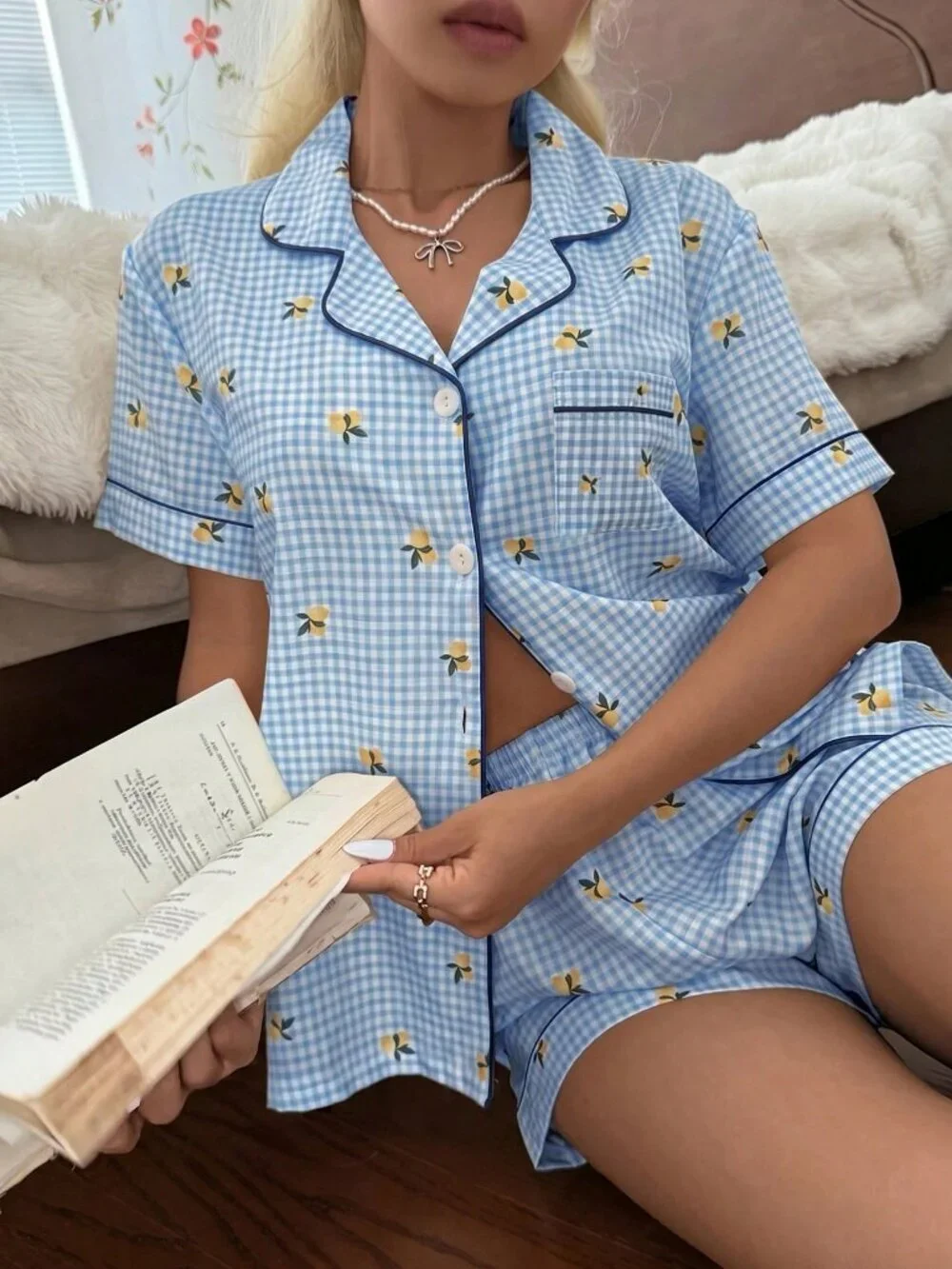 Blue Women's Lemon Plaid Print Button-Up Top and Shorts Pajama Set